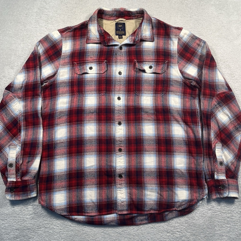 Gap x Pendleton Flannel Mens‎ Large Red Plaid 100% Cotton Shirt Elbow Patches
